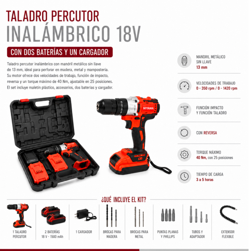 Taladro Percutor Inalámbrico 18v 13mm con 2 Baterías, maletín y accesorios - Imagen 11